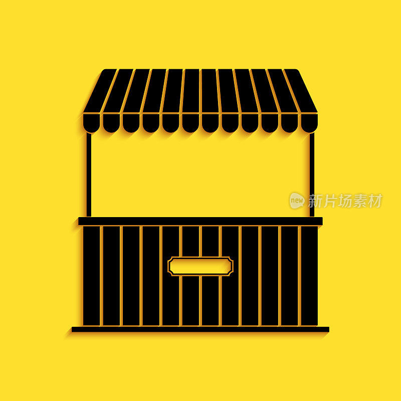 Black Street stall with awning and wooden rack icon isolated on yellow background. Kiosk with wooden rack. Long shadow style. Vector